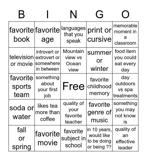 Get to Know You Bingo Card