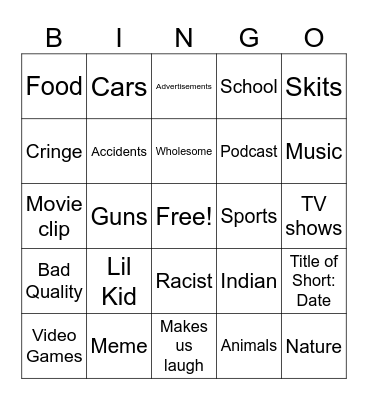 Shorts Bingo Card