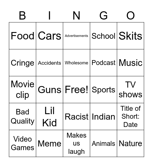 Shorts Bingo Card