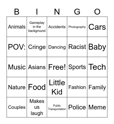 YT Shorts Bingo Card