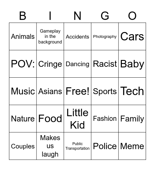 YT Shorts Bingo Card