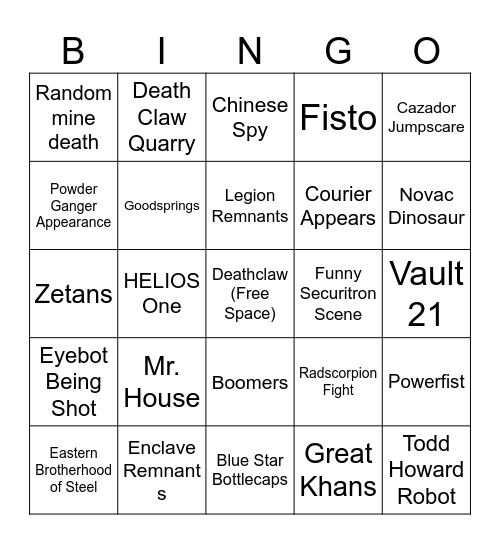 Fallout TV Show Season 2 Bingo Card