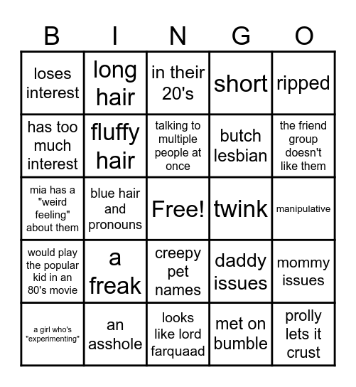 MIA'S LOVE LIFE BINGO Card