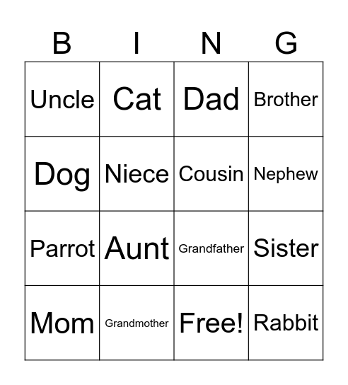 Family and pets Bingo Card