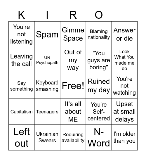 Kiro BINGO Card