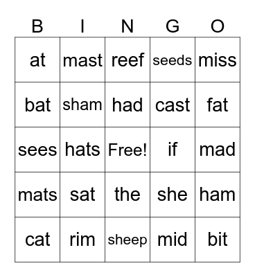 Corrective Reading Bingo Card