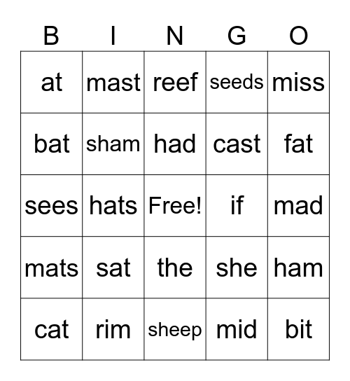 Corrective Reading Bingo Card