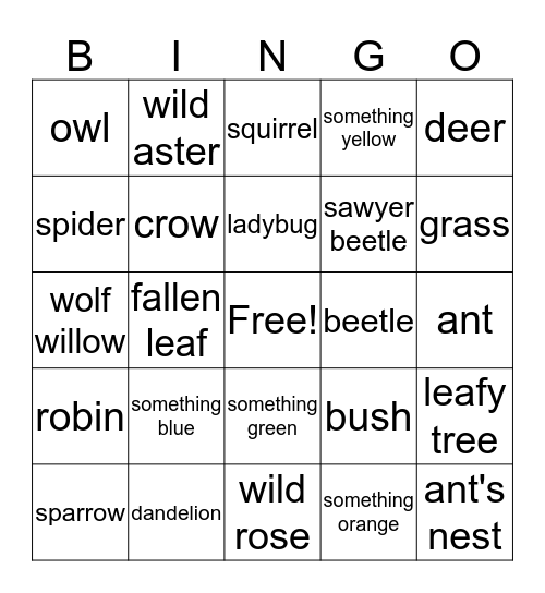 Nature Bingo Card