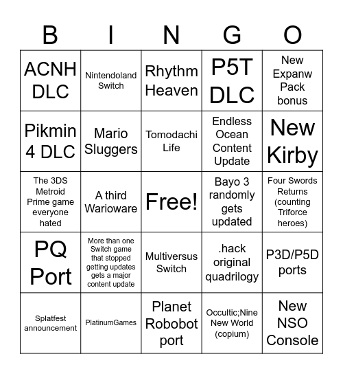 June Nintendo Bingo Card