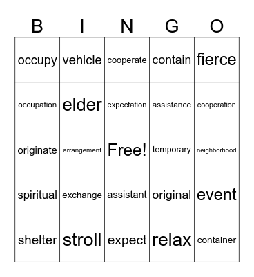 Unit 8 Vocabulary Bingo Card