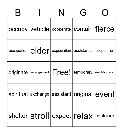 Unit 8 Vocabulary Bingo Card