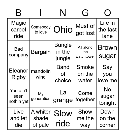 Song Bingo Card