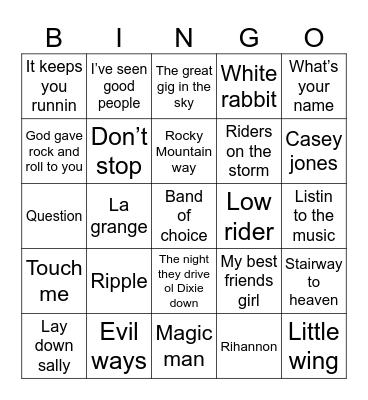 Song Bingo Card