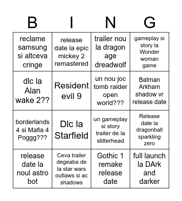 Summer Game fest 2024 Bingo Card