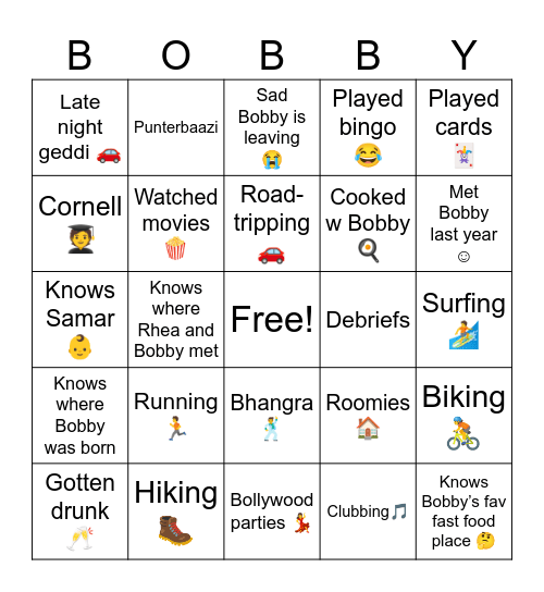 Bingo with Bobby Bingo Card