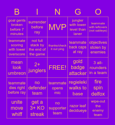 Pokemon Unite Bingo Card