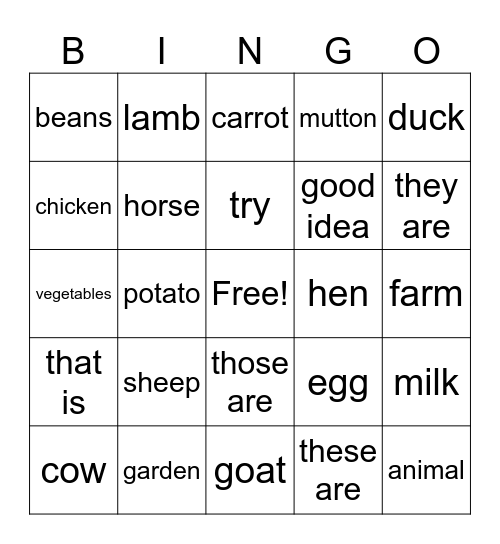 animals and vegetables Bingo Card