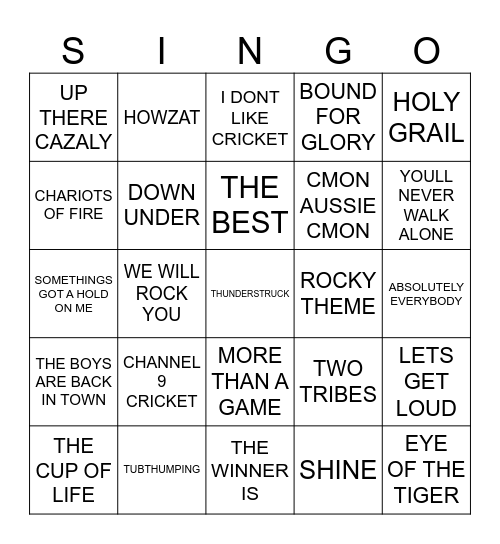 AUSSIE SPORTING SONGS Bingo Card