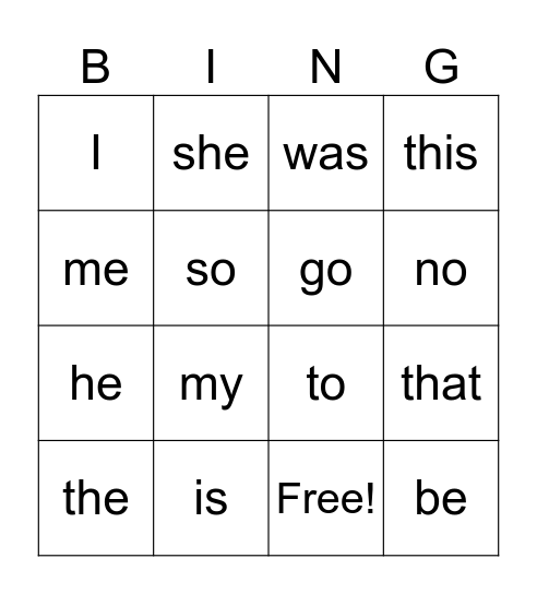 High Frequency Word Bingo Card