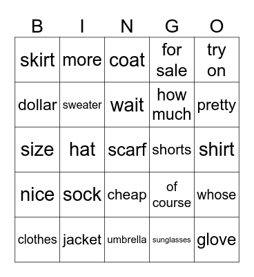 clothing Bingo Card