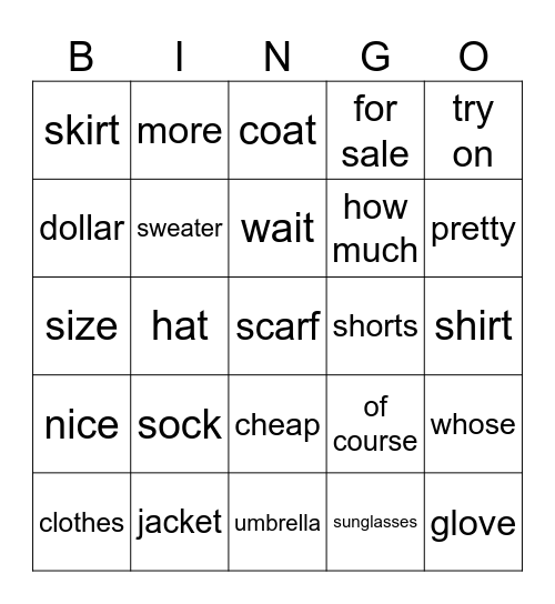 clothing Bingo Card