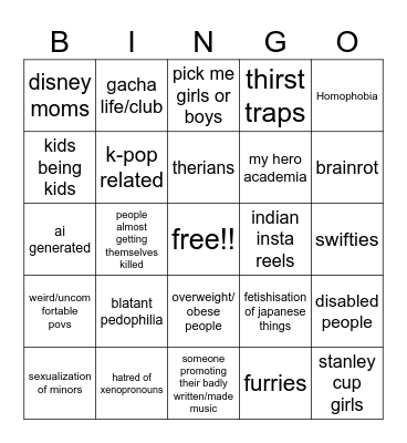 Average Instagram Cringe Page Bingo Card