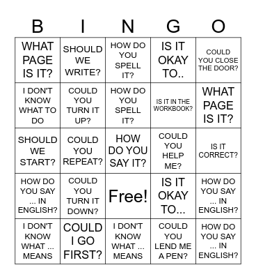 ADULTS CLASSROOM LANGUAGE Bingo Card