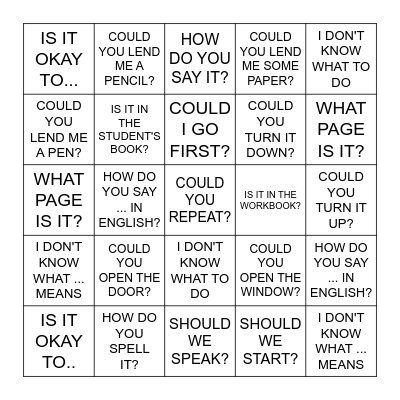 ADULTS CLASSROOM LANGUAGE Bingo Card