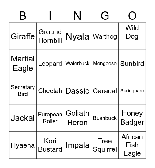 Kruger National Park Bingo Card