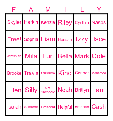 Room 603 Family Bingo Card