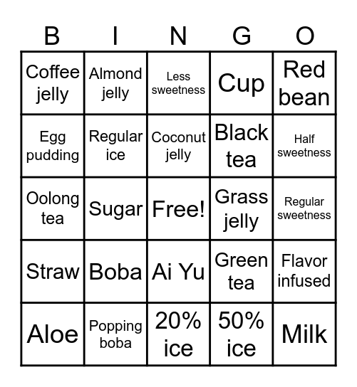 Milk Tea Bingo Card