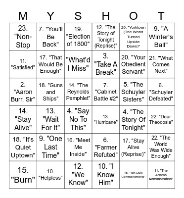 Hamilton Song Titles and Characters Bingo Card