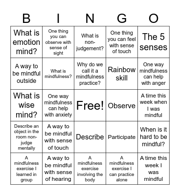 Mindfulness Bingo Card