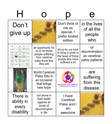 Doors of Hope 2024 CP awareness Walk Bingo Card