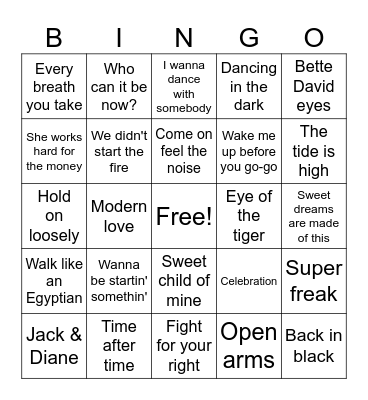 80s Musical Bingo Card