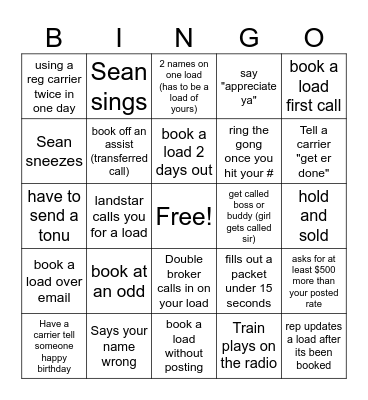 *Carrier Sales Bingo* Bingo Card