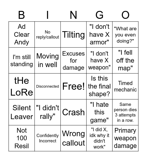 Day 1 Pain Bingo Card