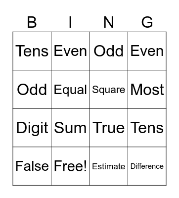 Math Vocabulary Bingo Card