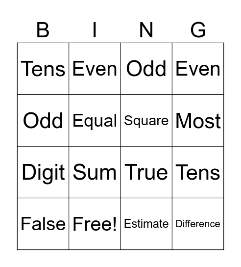 Math Vocabulary Bingo Card