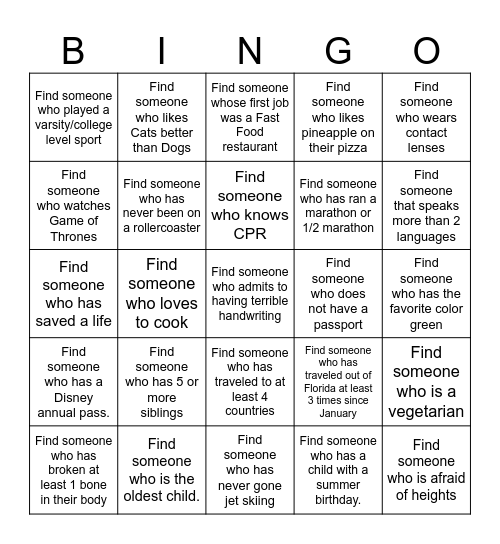 GET TO KNOW YOU Bingo Card