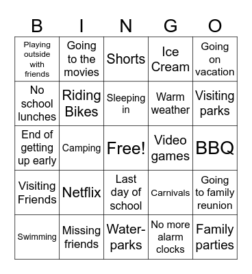 End of the Year:) and Summertime:) Bingo Card