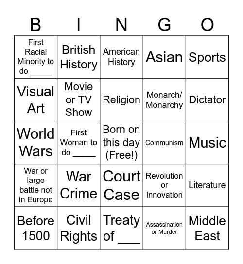 Today In History Bingo Mk III Bingo Card