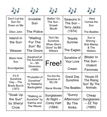 Mortimer's Music Bingo - SONGS WITH THE WORD "SUN" Bingo Card