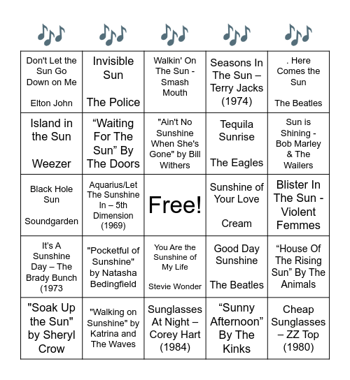 Mortimer's Music Bingo - SONGS WITH THE WORD "SUN" Bingo Card
