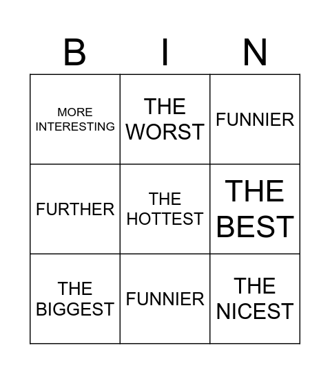 Comparatives and superlatives Bingo Card