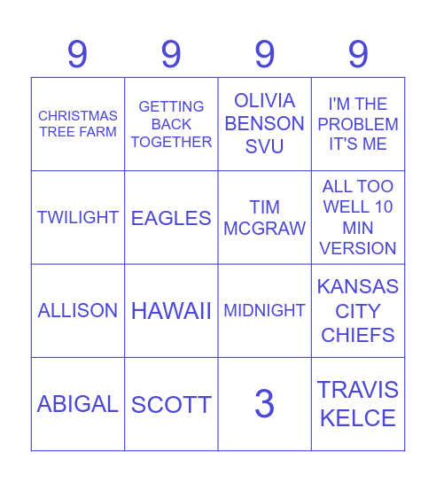 TAYLOR SWIFT Bingo Card