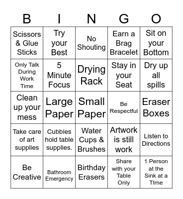 Mrs, Loso's Art Rules Bingo Card