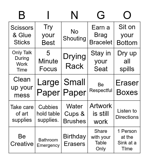 Mrs, Loso's Art Rules Bingo Card