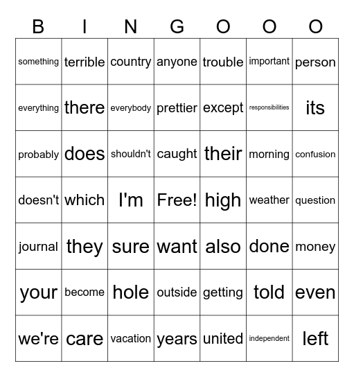 3rd Grade Sight Words Bingo Card