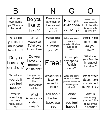 Last Day of Class Bingo Card